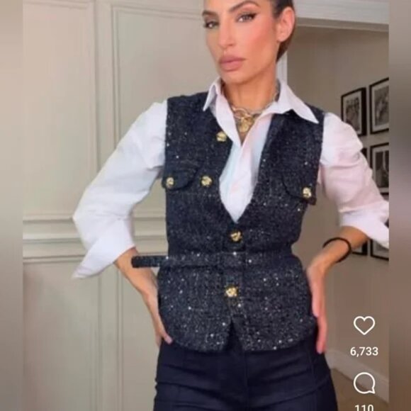 ZARA BELTED SEQUIN STRUCTURED VEST sz M - Picture 9 of 11